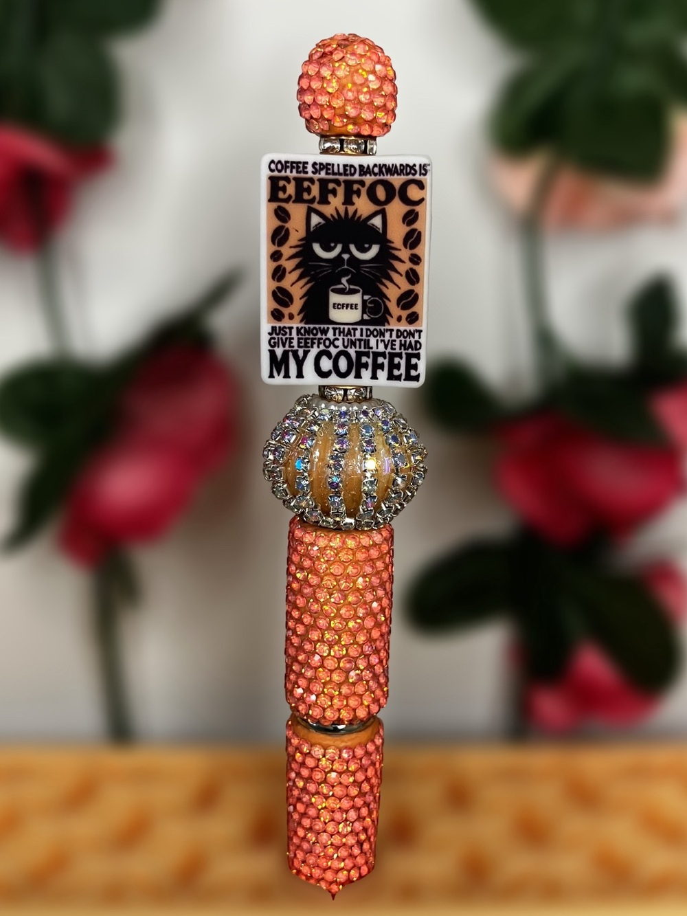 Funny Sassy Coffee Cat Handmade Beaded Pen with Orange Rhinestones